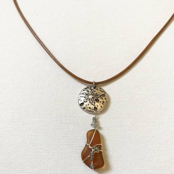 Sterling Silver Sand Dollar Coffee Brown Sea Glass Necklace Ocean Nautical Coast - Picture 3 of 5